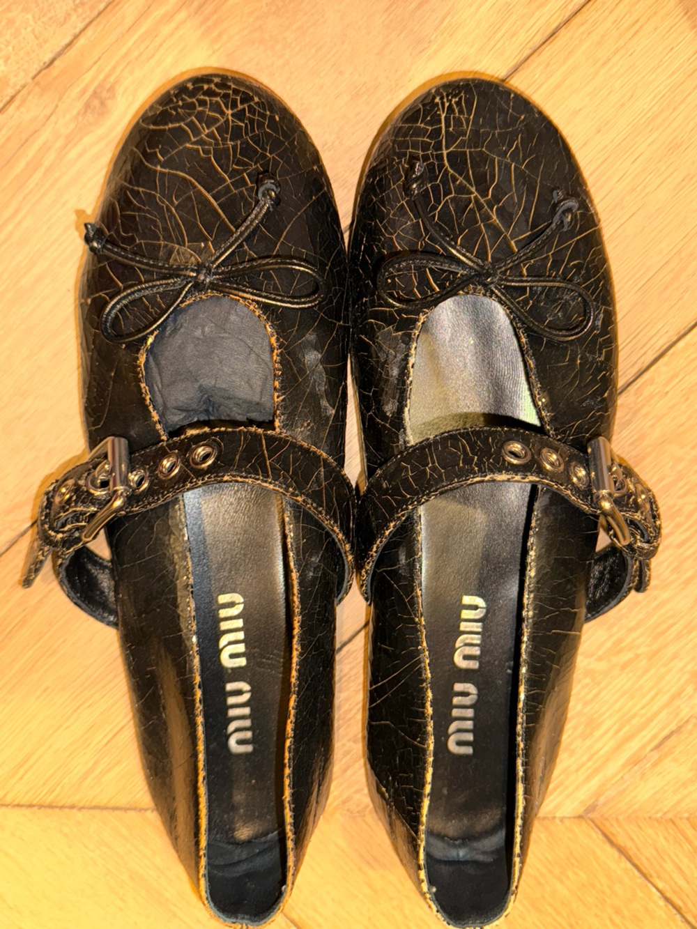 Miu Miu Black Cracked Leather Bow Ballet Flats Mary Jane Flats